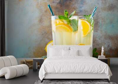 Two glass with lemonade or mojito cocktail. Wall mural