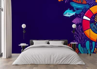 Underwater scene with tropical fish and lifebuoy on deep purple background. Marine safety awareness, aquatic adventure promotions and ocean conservation campaigns. Place for text Wall mural