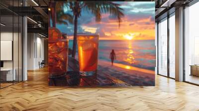 Various delicious cocktails on the bar counter against the background of palm trees Wall mural