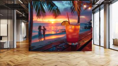 Various delicious cocktails on the bar counter against the background of palm trees Wall mural