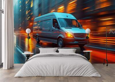 White modern delivery small shipment cargo courier van moving fast on motorway road to city Wall mural