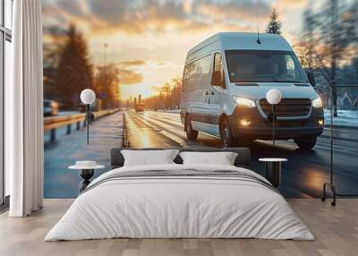 White modern delivery small shipment cargo courier van moving fast on motorway road to city Wall mural