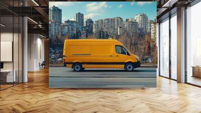 White modern delivery small shipment cargo courier van moving fast on motorway road to city Wall mural