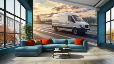 White modern delivery small shipment cargo courier van moving fast on motorway road to city Wall mural