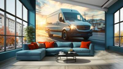 White modern delivery small shipment cargo courier van moving fast on motorway road to city Wall mural