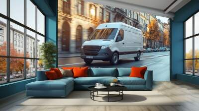 White modern delivery small shipment cargo courier van moving fast on motorway road to city Wall mural