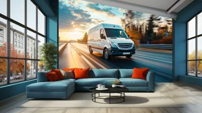 White modern delivery small shipment cargo courier van moving fast on motorway road to city Wall mural