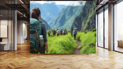 Woman following group on mountain trail. Guided nature tour Wall mural