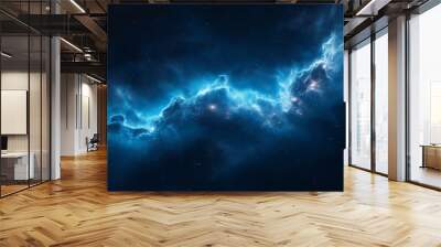 Y3K cosmic nebula visualization with vibrant blue energy clouds and starry background. Futuristic space exploration concept for astrophysics research, sci-fi artworks and cutting-edge visual effects Wall mural