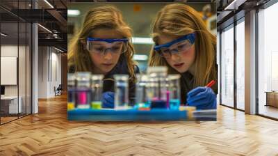 Young female students conducting chemistry experiment in laboratory, hands-on science education and STEM learning in schools Wall mural