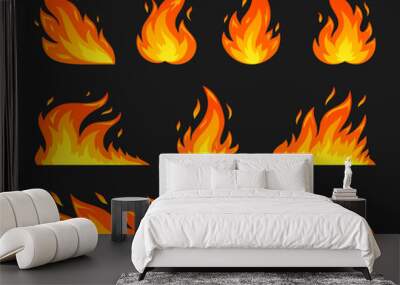 Hot temperature comic dangerous flame fires. Cartoon fire flames. Red campfire fiery flat silhouette set. Burning blazing wildfire, glow bonfire emoticon stickers isolated on black background Wall mural