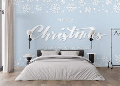 Merry Christmas Happy New Year greeting card. Xmas snowy background with brush pen hand lettering typography inscription, falling snowflakes border. Usable for winter banner poster overlays postcard Wall mural