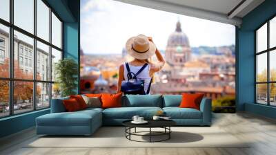 Rome Europe Italia travel summer tourism holiday vacation background -young smiling girl with mobile phone camera and map in hand standing on the hill looking on the cathedral Vatican Wall mural