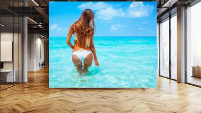 Travel vacation wallpaper - Beautiful young pretty blonde girl in white bikini with white sand on her perfect sport sexy body relax in sea of white sand paradise tropical Maldives beach at sunny day Wall mural