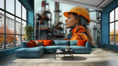 A woman wearing an orange helmet stands in front of a large industrial plant. Wall mural