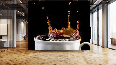 splash and splatter from a piece of sugar in a mug with coffee on a black background Wall mural