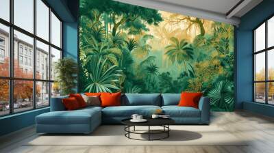 Golden Jungle Motif - Elegant White and Gold Wallpaper Design on Lush Green Background Wall mural