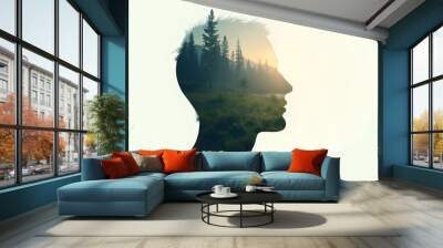 A double exposure image depicting a human profile with a landscape overlay. The silhouette of a man's head is visible, with a serene forest scene superimposed on his face. Wall mural