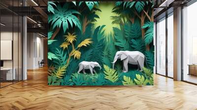 A papercraft in a tropical forest scene with two white elephants looks outstanding in the green forest Wall mural