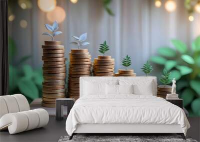 Growing stacks of coins symbolize financial growth and prosperity, with small plants emerging from coins, representing investment and sustainability Wall mural