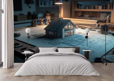 architectural model house on blueprint in home office at night Wall mural