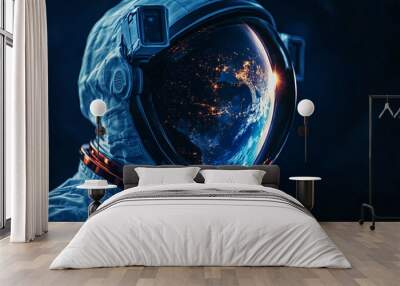 astronaut looking at earth in space suit - blue, dark, dramatic, futuristic, science fiction, space exploration, cosmonaut, helmet, exploration, technology, universe Wall mural