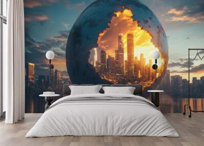 cityscape sunset inside a sphere - futuristic urban scene with golden glow Wall mural