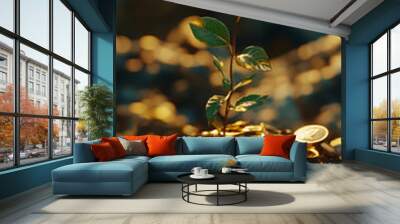 golden coins and green plant growing in dirt  - 3d rendered image Wall mural