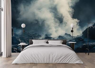 mysterious foggy mountain landscape with dark blue and white tones Wall mural