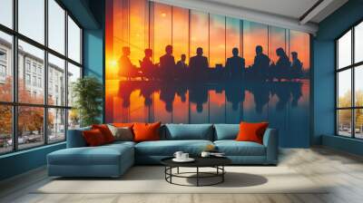 silhouette business meeting sunset window view - corporate team discussion  - modern office space  - professional team collaboration  -  teamwork  -  golden hour  -  success  -  strategic planning Wall mural