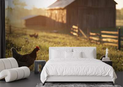 two chickens in green grass meadow  with rustic wooden barn in background at sunset Wall mural