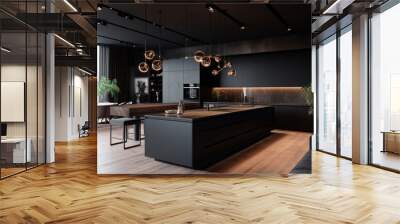 A modern, spacious apartment with a fashionable decor of a luxurious kitchen, LED lighting, an island for cooking and dining. Generative Ai Wall mural