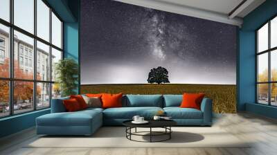 Old oak tree in a wheat field at night Wall mural