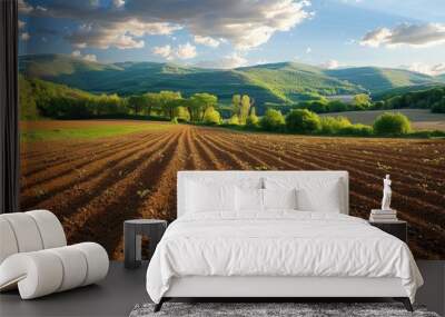 Beautiful spring rural landscape with plowed fields, Generative AI  Wall mural