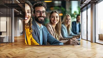 Happy businesspeople attending a virtual briefing with their partners, Generative AI Wall mural