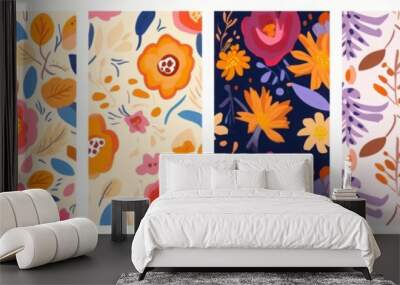 Seamless floral trendy bright patterns. Summer colourful abstract patterns. Bright beautiful floral patterns in modern style, Generative AI Wall mural