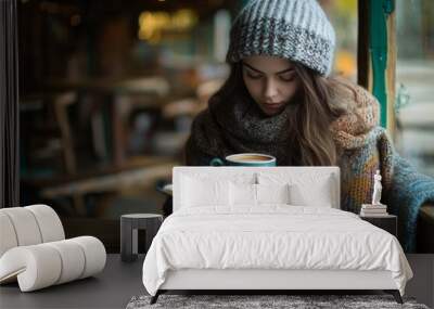 Cozy winter reading: woman in knitted attire with hot beverage in rustic café Wall mural