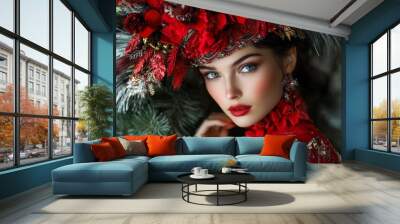 Elegant woman in red floral headdress with piercing eyes and holiday theme Wall mural