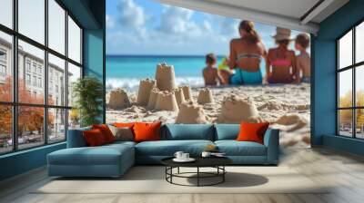 Family beach day with sandcastles and relaxing ocean view for summer fun Wall mural