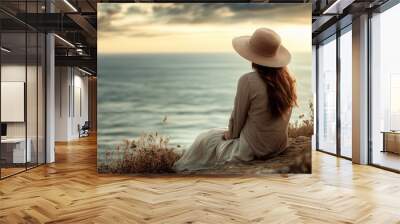 Serene woman in sun hat gazing over tranquil ocean at sunset Wall mural