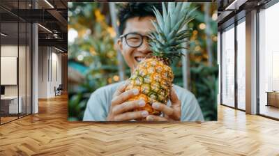 Smiling man holding fresh pineapple in lush tropical garden Wall mural