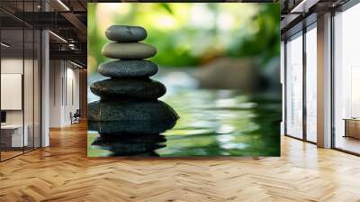 Tranquil zen stone stack reflection in serene water garden Wall mural