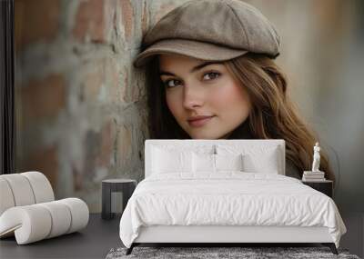 Young woman in vintage hat posing against brick wall with soft expression Wall mural