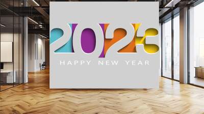 2023, Happy New Year 2023. Creative design of numbers and text. Symbol of wishes, celebration. Gray and colorful background. Design for calendar. Poster, inscription, greeting card or print, template Wall mural