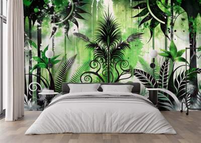 Abstract Green Jungle Foliage Pattern With White Splashes. Generative AI Wall mural