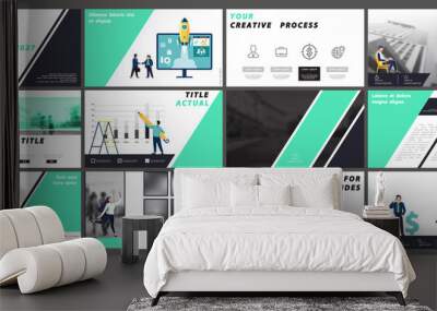 Business presentation, powerpoint, launch of a new business project. Infographic design template, green black elements, background, set. A team of people creates a business, teamwork. Mobile app, web Wall mural