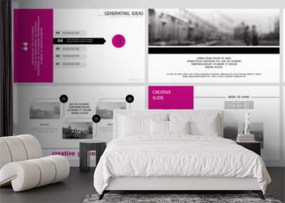 Business presentation template, pink and black infographic elements on white background. Business trip around the city. Vector slide, business project presentation and marketing, monitor computer Wall mural