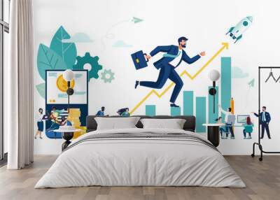 Business vector illustration, office workers studying infographics. Business people, ethnic, financial growth analysis, business development, finding new ideas, teamwork in the company, brainstorming Wall mural