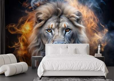 Fiery Lion Portrait With Smoke and Flames. Generative AI Wall mural