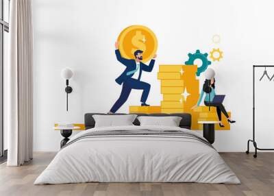 man climbs on a chart coin, investment management. businessman saves money, finances. money and prof Wall mural